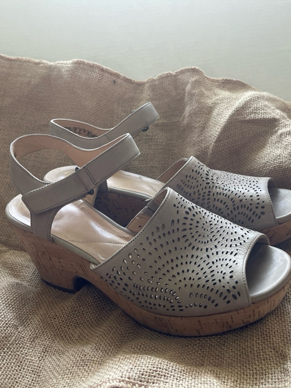 Clarks Taupe Perforated Slingback Cork Platform Sandals